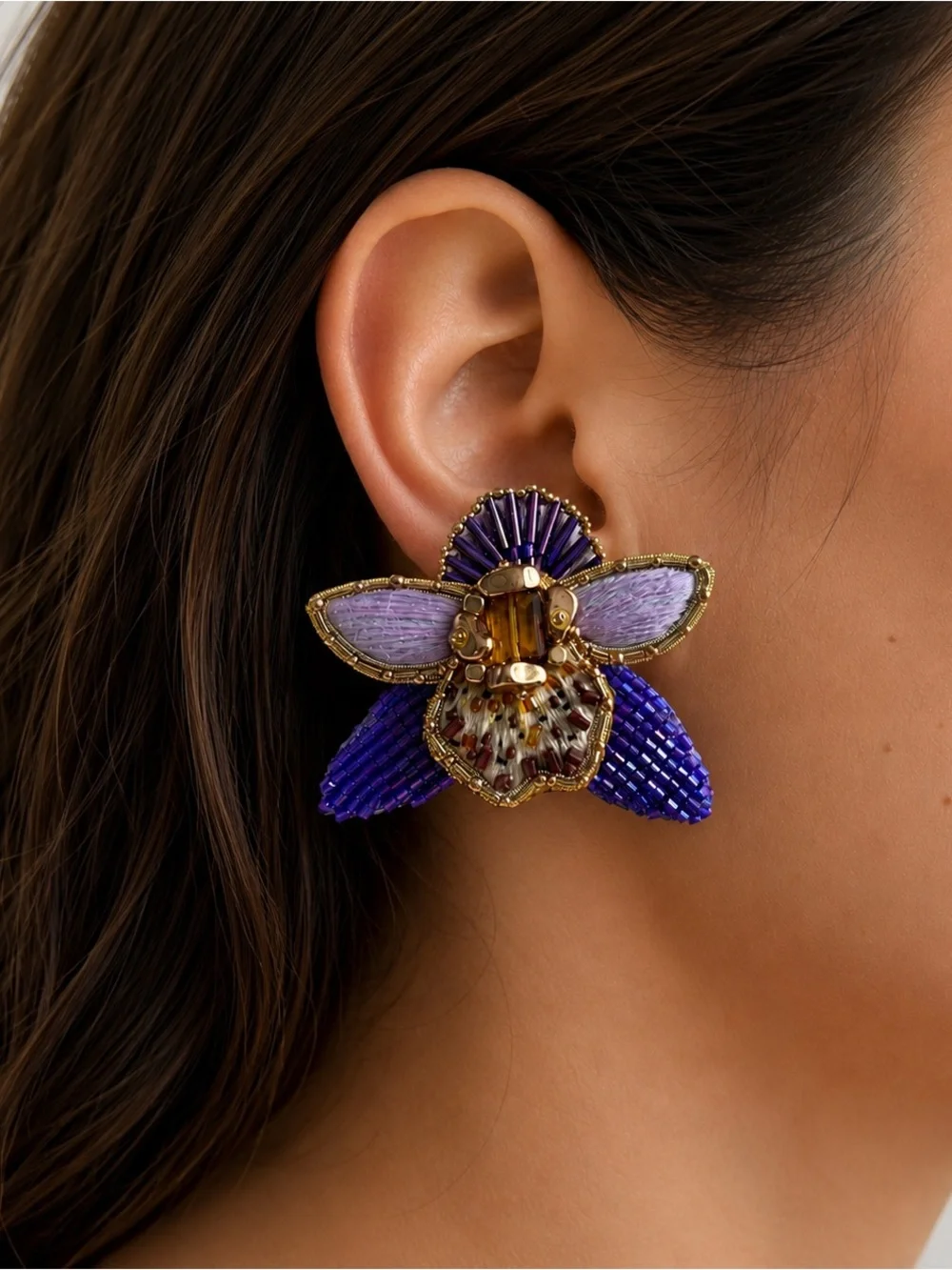 Beaded Orchid Statement Earrings